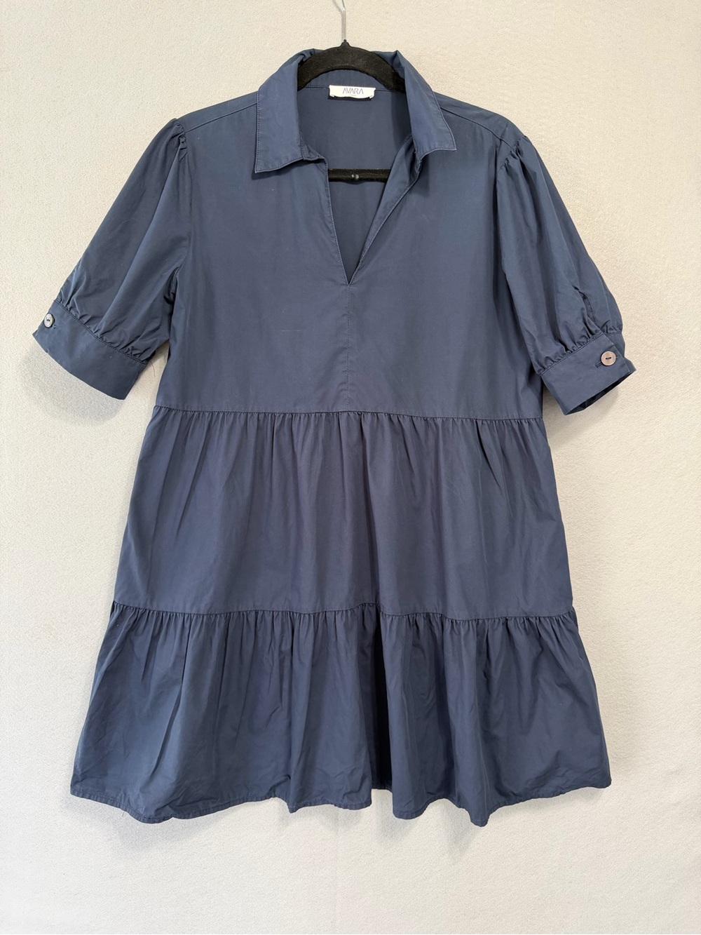 Avara Puff Sleeve Tiered Mini Dress Large Women’s Navy Blue Collared